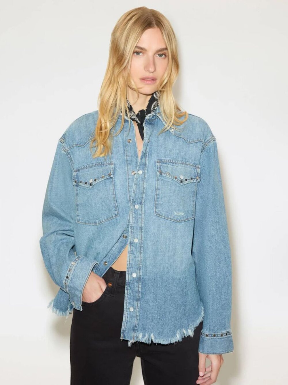 RE/DONE Distressed Western Shirt Vintage Biker Blue Stud Size Large